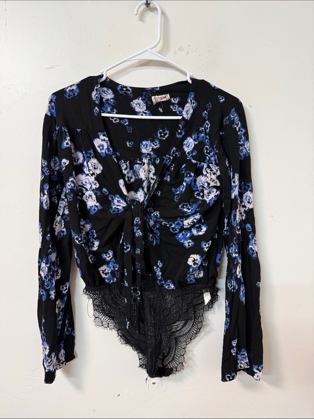 Free People Black Floral Lace-Trim Long Sleeve Bodysuit